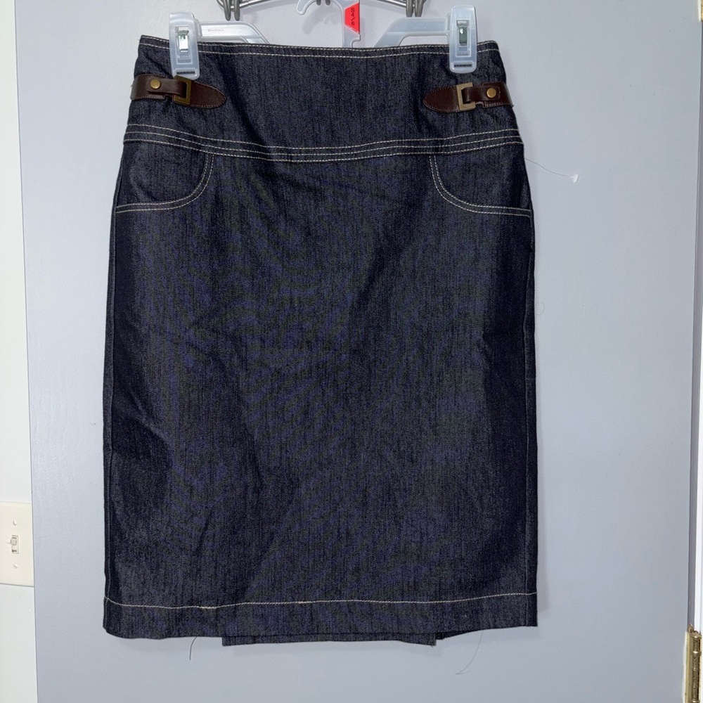 Dressbarn Dark Denim Pencil Skirt with Brown Details